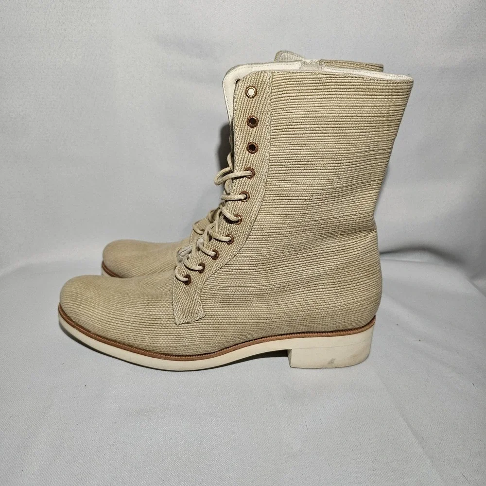 FARRUTX Men's beige textile lace-up calf boot‎ side zip leather lined size 39**